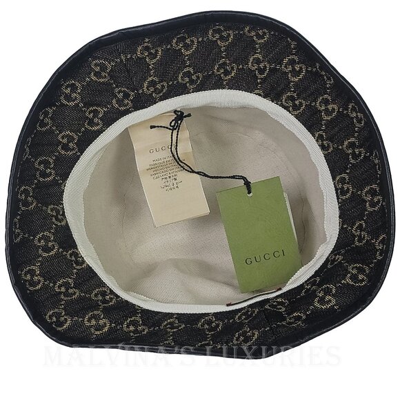 GUCCI HAT GG LOGO MONOGRAM JACQUARD BLACK w LEATHER TRIM BUCKET UNISEX - Picture 7 of 16